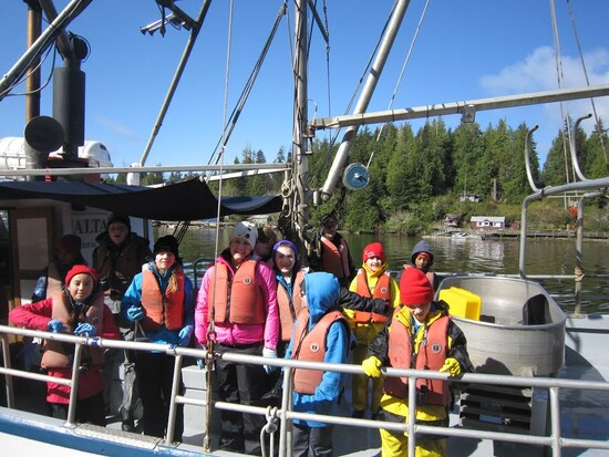 Students wearing lifejackets on boat