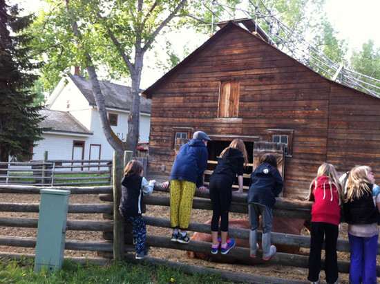 students along fence by wooden barn