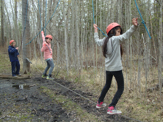 students walking across rope course